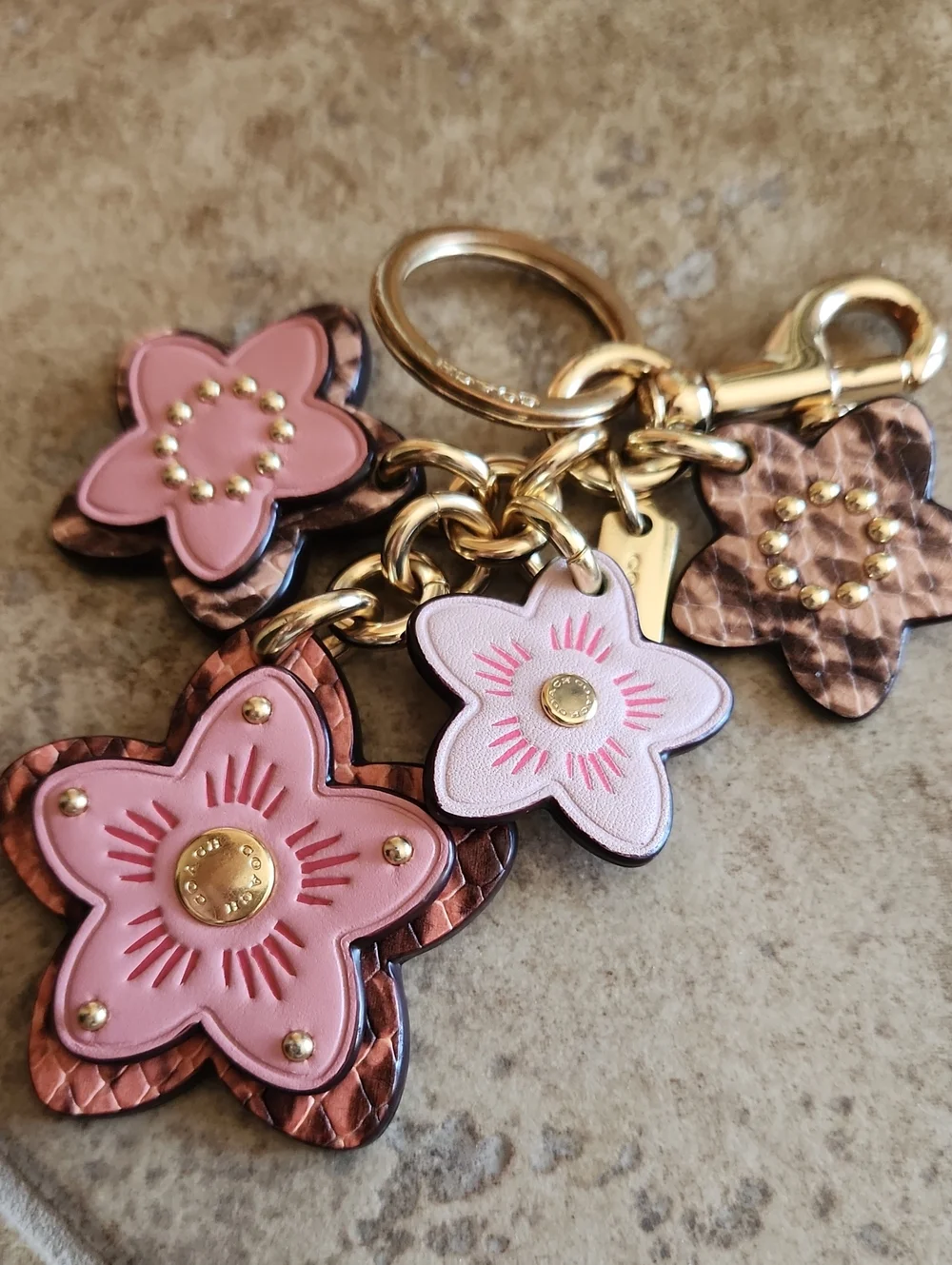 COACH Wildflower Pink Floral Leather Key/purse Charm with Gold Hardware